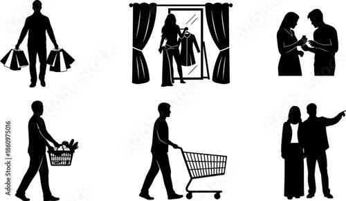 Shopping people silhouette set showing buying clothes, grocery shopping, retail customer activities, mall lifestyle scenes illustration isolated on white background