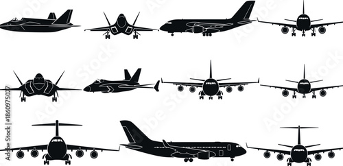 Silhouettes of fighter jets and commercial airplanes in various views for aviation design reference - flavector