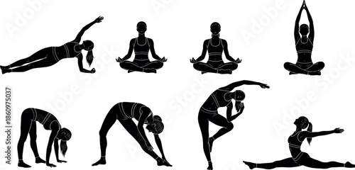 Silhouettes of eight yoga poses showing flexibility, balance, strength for fitness and wellness design - flavector