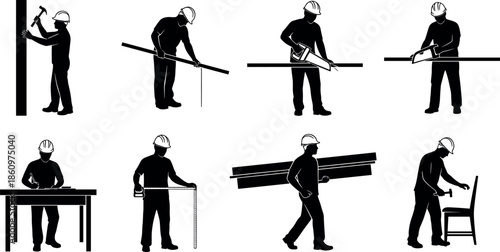 Silhouettes of construction workers performing carpentry tasks with tools and hard hats for trade design - flavector