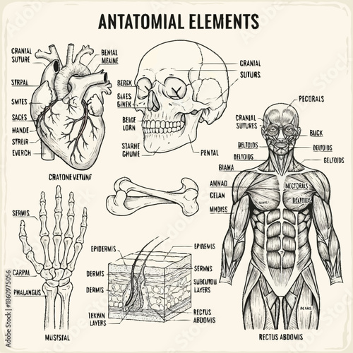 Detailed anatomical diagram of human body parts including skeletal and muscular systems.