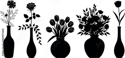 Silhouettes of flower arrangements in vases showing botanical variety and decorative design elements - flavector