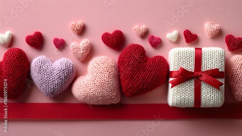 Knit hearts and a gift on a flat lay surface for Valentine's Day celebration activity