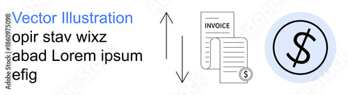 Payment processing, finance management, online banking, accounting, billing, commerce. Two invoices with dollar sign and arrows indicating exchange. Payment processing and finance concepts