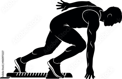 Sprinter athlete starting race silhouette, powerful running pose, fitness training concept, speed and strength, black vector illustration