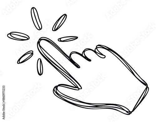 Hand drawn outline of a pointing finger indicating a click or tap action, perfect for user interface icons, digital interaction concepts, and website button graphics