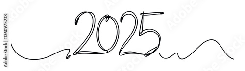 Modern continuous line drawing of the year 2025 with flowing wavy elements, symbolizing progress and new beginnings, excellent for seasonal greetings and celebratory announcements.
