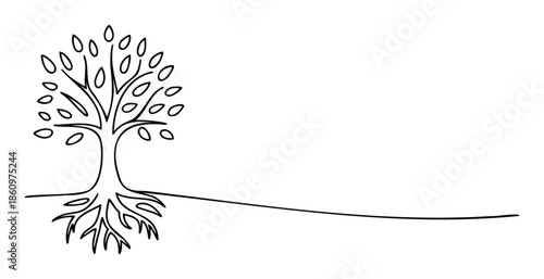 Simple continuous line drawing of a tree with visible roots and abundant leaves, symbolizing life, growth, and nature, useful for environmental projects, green initiatives, and ecological