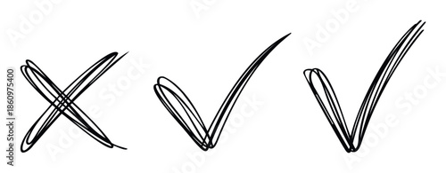 Hand drawn scribble style checkmark and cross symbols are ideal graphic elements for illustrating choices, feedback, or approval in interactive applications and educational materials.