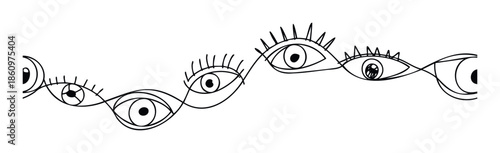 Surreal line drawing featuring multiple mystical eyes connected by a flowing continuous line, perfect for spiritual graphics, modern wall decor, or abstract tattoo inspiration