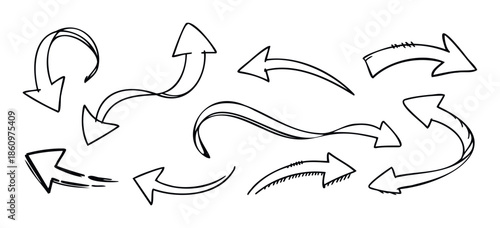 Handdrawn doodle arrows pointing in various directions, ideal for accentuating data, directing viewer focus, or imparting an organic feel to presentations, infographics, and digital