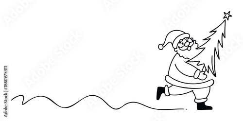 A cheerful Santa Claus character running while carrying a star adorned Christmas tree, ideal for diverse holiday projects and seasonal promotional materials.