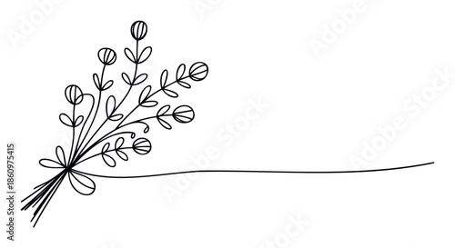 A simple continuous line drawing of a charming handdrawn floral bouquet with stylized flower buds and leaves, ideal for greeting cards, invitations, wedding decor, and naturethemed projects.
