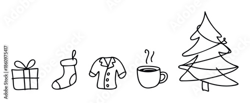 Simple hand drawn Christmas and winter season icons like a tree, gift, stocking, pajamas, and hot drink, suitable for festive decorations or promotional campaigns.