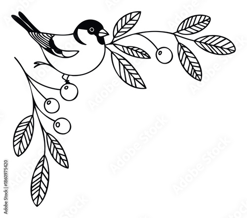 Simple black outline drawing of a small bird perched on a branch with leaves and berries, perfect for naturalistic frame borders, holiday decor, or childrens book accents.