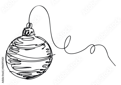 Simple hand drawn black line drawing of a classic round Christmas bauble hanging from a curled string, perfect for holiday greetings, festive decorations, or seasonal promotions.