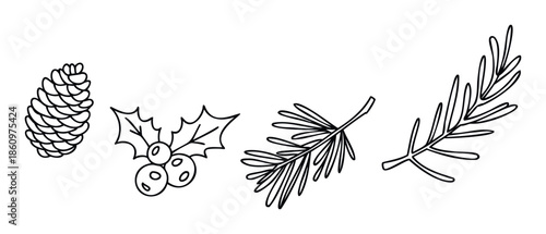 Outline drawings of natural winter elements including a pine cone, holly with berries, and various evergreen branches, perfect for holiday greeting cards, festive decorations, or