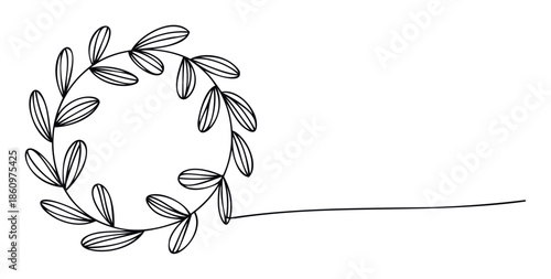 Minimalist hand drawn leafy branch forming a decorative wreath frame, perfect for elegant invitations, stylish branding, and natural themed social media graphics
