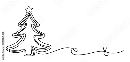 Minimalist one line drawing of a festive Christmas tree with a star topper flowing into an elegant decorative swirl perfect for holiday greeting cards and winter season marketing materials