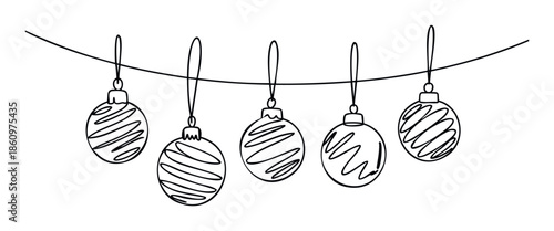Minimalist line drawing of five decorative Christmas baubles hanging on a string, perfect for holiday greetings, festive events, or winter season promotions.