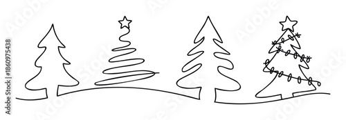 Minimalist continuous line Christmas tree drawing set ideal for holiday season greetings, winter event decorations, festive celebration banners, and seasonal party invitations