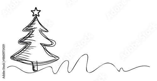 Stylized doodle Christmas fir tree with a star accent and flowing ground line offers a charming visual for festive promotions, winter events, and seasonal projects