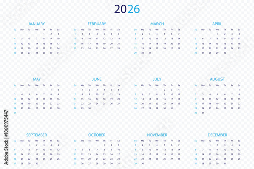 Monochrome calendar 2026 pictogram. Minimal Calendar Template 2026. Set of 12 months of monthly calendars for 2026, simple desktop calendar starting on Sunday. Monthly calendar layout for 2026 year
