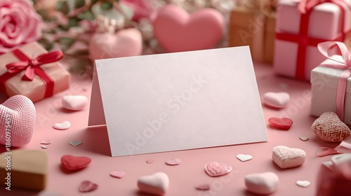 Greeting card mockup on pink background with hearts and gifts for Valentine's Day celebration