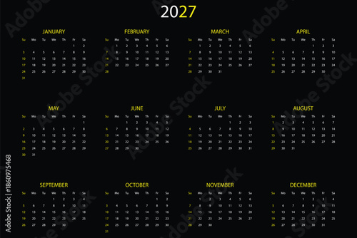 Horizontal calendar template for 2027. Diary planner for 2027 year. Week Starts on Sunday. 2027 year calendar planner. illustration for print, web, mobile app. corporate design template vector element