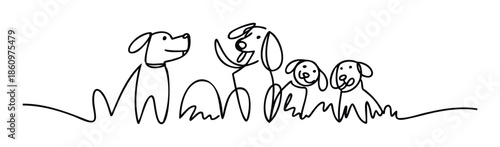 Joyful minimalist continuous line drawing of a dog family with happy adult dogs and playful puppies, suitable for pet care branding or veterinary clinic marketing materials.