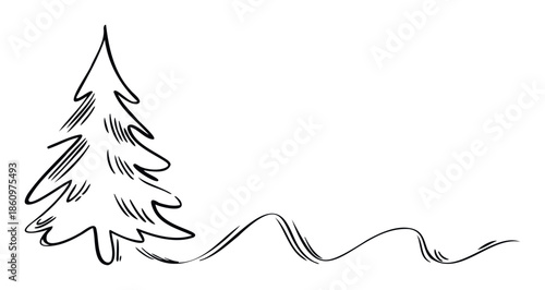 Hand drawn minimalist fir tree with a flowing decorative ribbon ideal for winter holiday greeting cards, festive invitations, or cheerful seasonal event flyers and social media posts