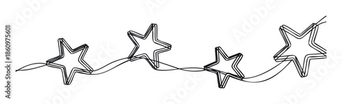 Black outline stars connected by a wavy continuous line create a simple graphic element perfect for modern celebration decorations, festive event designs, or minimalist holiday accents.