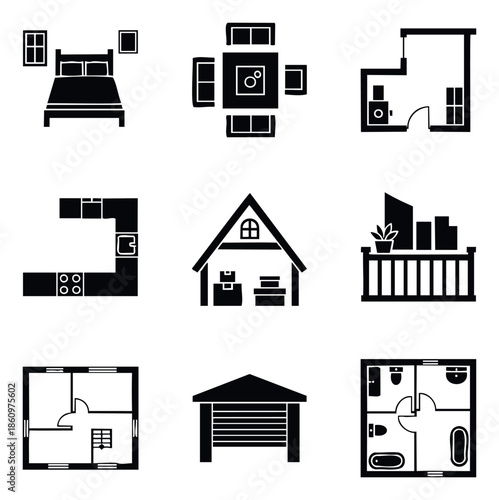 Versatile set of home and interior space icons including bedroom, dining, kitchen, bathroom, garage, and detailed floor plans, suitable for visualizing residential layouts and property