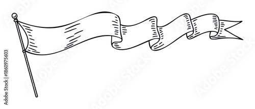 Wavy blank banner pennant flag on a pole in a handdrawn black and white style, perfect for adding custom text for messages, announcements, or decorative graphic headers.