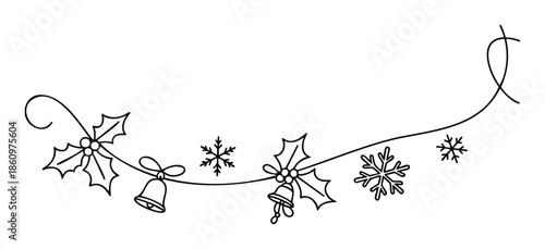 Elegant black outline Christmas garland with holly leaves, jingle bells, and delicate snowflakes, perfect for seasonal greeting cards, winter party invitations, or festive social media