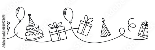 Continuous line drawing of festive celebration elements like balloons, birthday cake, gifts, and party hats, perfect for creating joyful invitations and decorative accents