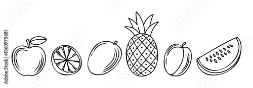 Simple outline drawings of various fresh and healthy fruits including apple, lemon, mango, pineapple, plum, and watermelon perfect for healthy lifestyle themes or childrens learning