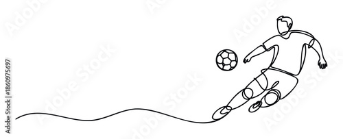 Dynamic continuous line drawing of a soccer player dribbling a football, perfect for sports event promotions, youth league marketing, or athletic brand campaigns.