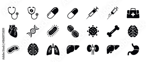 Collection of essential medical and healthcare icons featuring human organs, diseases, and treatment tools, ideal for educational resources, health awareness campaigns, and professional