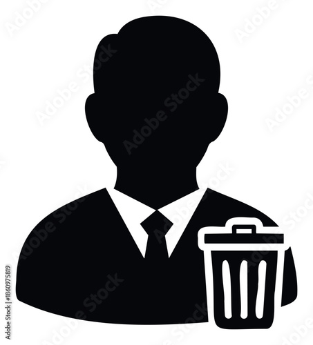 Professional business person profile icon with a trash can symbolizing user account deletion, removal, or employee termination for software applications and HR systems