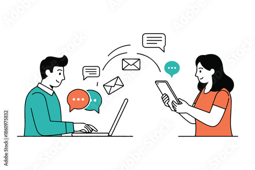 Cartoon illustration of a business woman talking on the phone and working on a laptop at an office desk representing an internet network communication concept