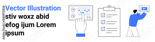 Hand interacting with digital interface, checklist with marked tasks, person holding screen with video content. Ideal for productivity, organization, workflow, task tracking, training, tutorials