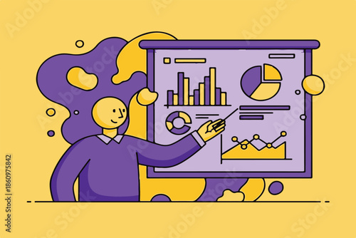 Vector illustration of a business man and dog walking near a school boy with a computer