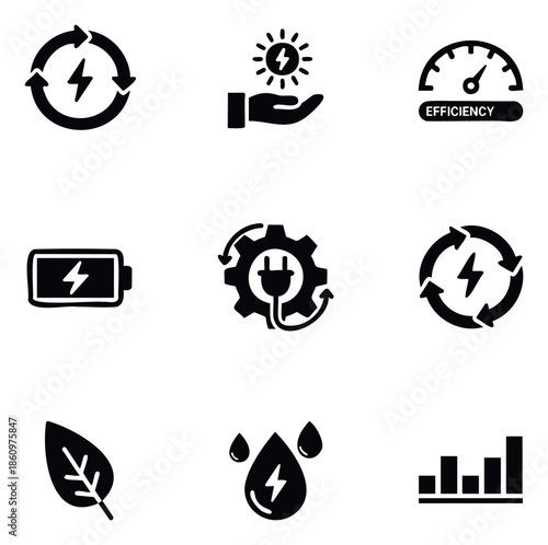 A collection of versatile energy and sustainability icons featuring renewable power sources, ecofriendly concepts, and efficiency indicators suitable for environmental infographics and