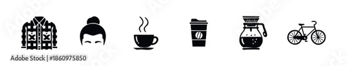 Black icons for casual lifestyle and coffee culture plaid shirt, bun hairstyle, steaming coffee, travel mug, pourover brewer, bicycle ideal for web, app, and print graphics