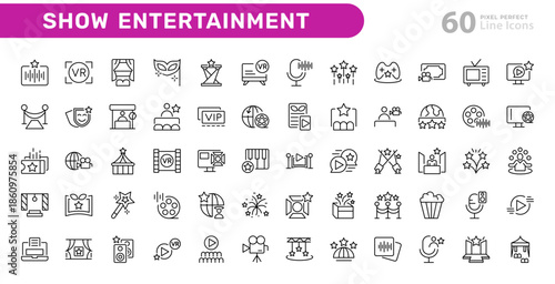 Show entertainment line icon set. Theater, cinema, stage, ticket, concert, movie, music, performance, actor, fun, event, media, vector design. Pixel-perfect stroke icons
