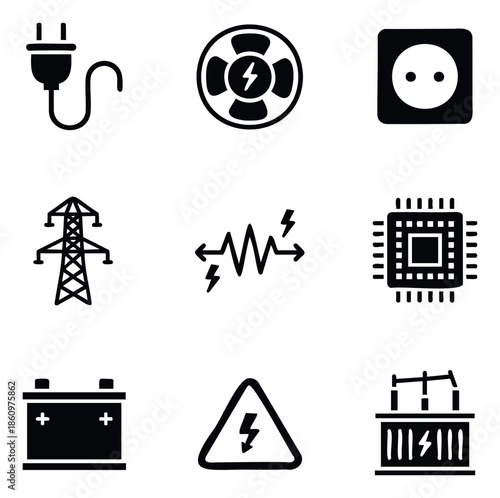 Essential electricity and energy technology symbols featuring power plug, outlet, battery, transmission tower, microchip, and high voltage warning for diverse industry applications.