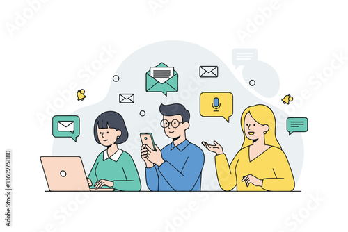 A businessman uses a laptop and mobile phone to manage a social network connection concept featuring cloud technology icons and people silhouettes in a modern flat vector illustration