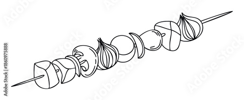 A simple line drawing of a delicious vegetable skewer featuring onions, mushrooms, and bell peppers, perfect for culinary projects or healthy food representations.