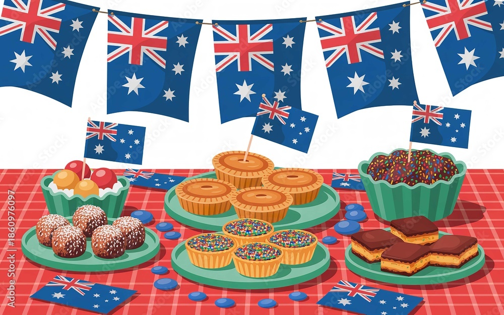 Obraz premium Celebration of Australia Day with traditional desserts and Australian flags on a festive red plaid tablecloth setting.